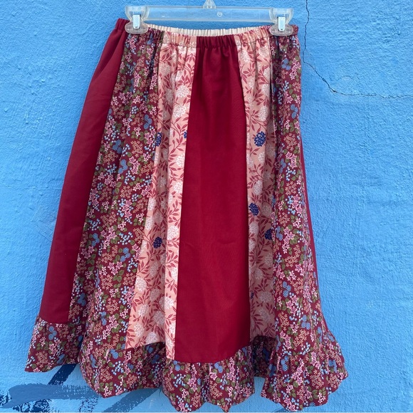 Vintage peasant gypsy Floral Patchwork Midi Skirt with sash floral and lace - Picture 11 of 15